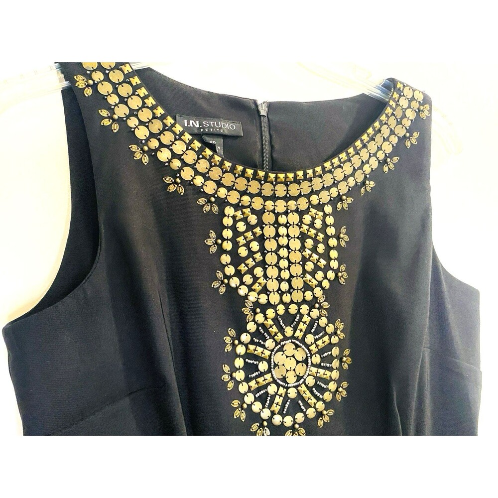 IN Studio Sheath Dress Womens 6P Petite Black Bronze Sequins Neck Design Zip Up